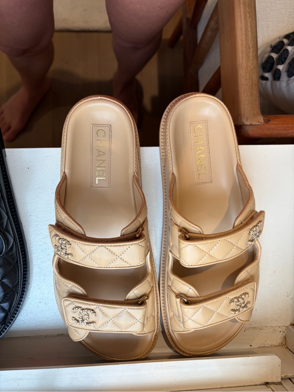 CHANEL Beige Quilted Double-Strap Logo Slide Sandals
